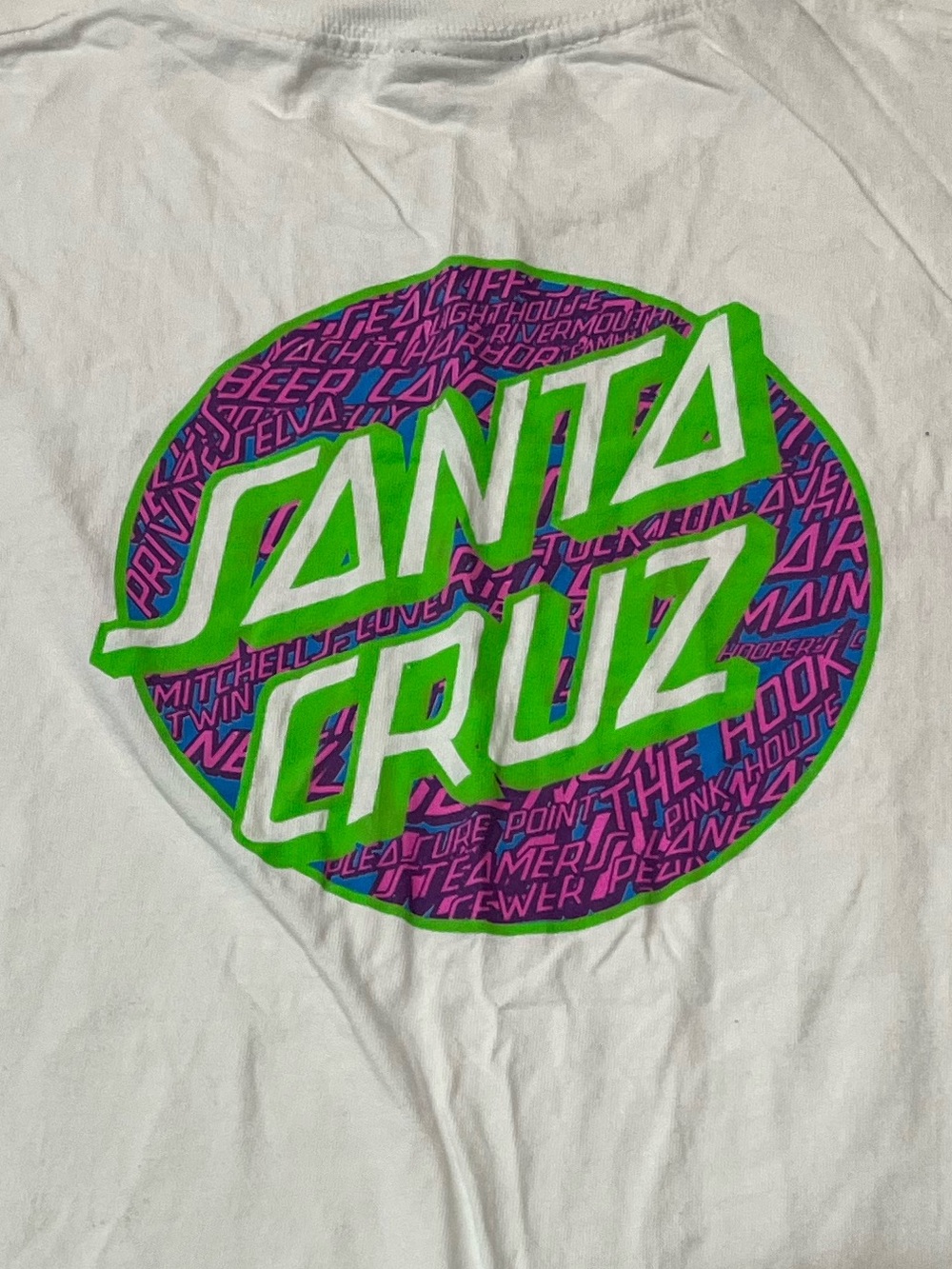 Santa Cruz Skateboards White Tee with Neon Green and Purple Graphic